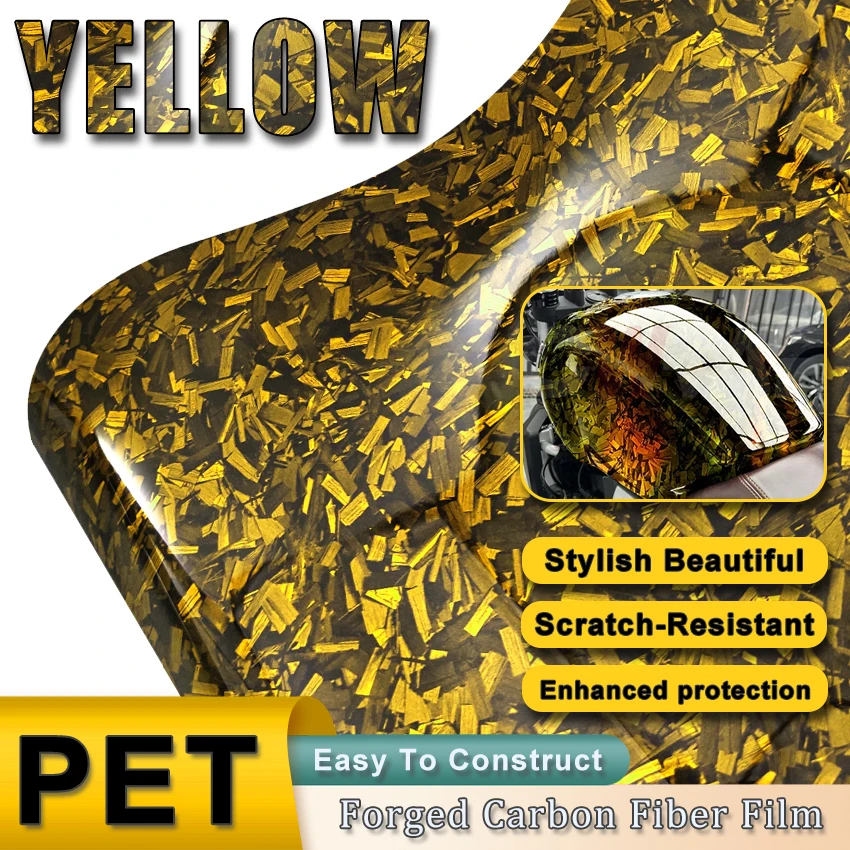 High Gloss Yellow PET Forged Carbon Fiber Vinyl Wrap, Air Release Adhesive Decal Film for Car & Motorcycle, Color Change & Anti-