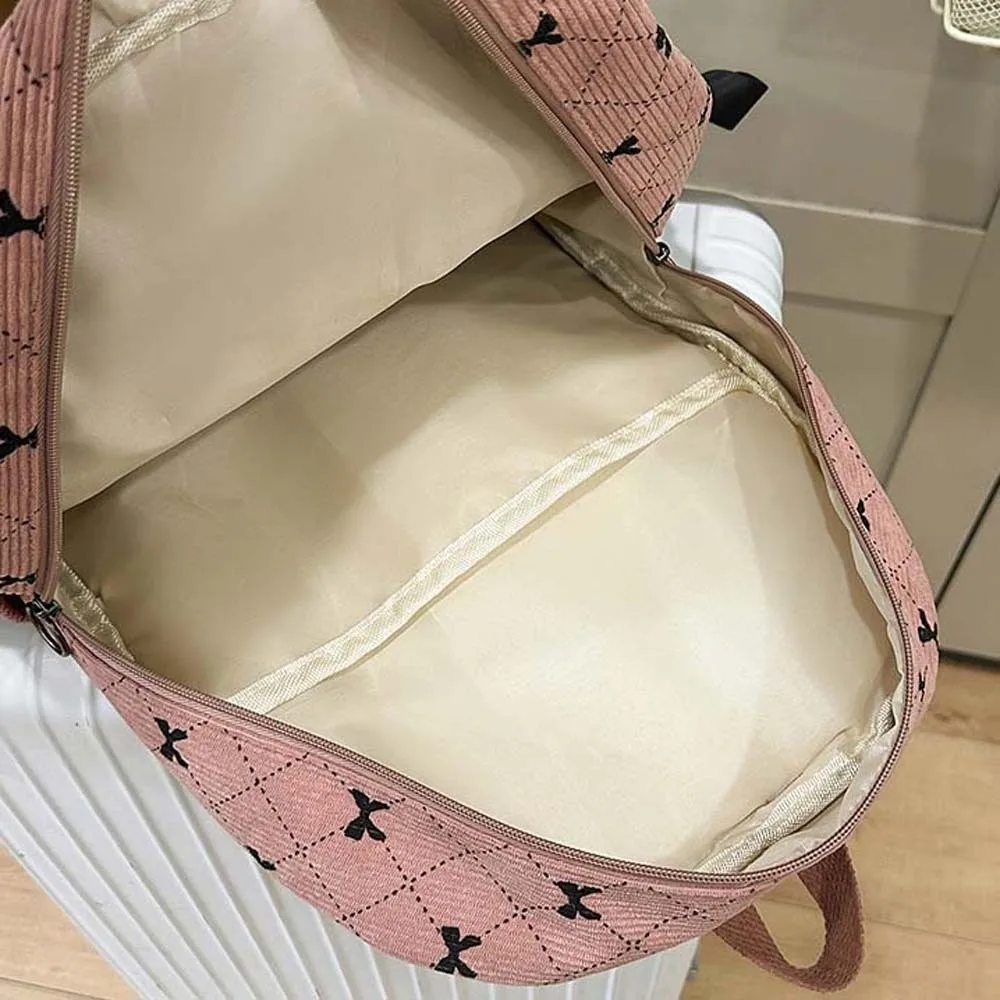 

Daypack Corduroy Bow Backpack Silk Design Contrast Color Students School Bag Scratch Prevention Durable Large Capacity Backpack