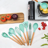 12PCS Silicone Kitchen Utensils Set Non-Stick Cookware with Wooden Handle Spatula Shovel Egg Beaters Cooking Tools