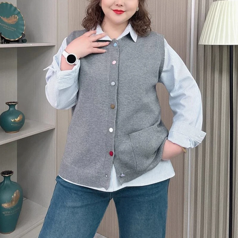 Plus size feminino bege com decote em v colete de malha cardigan casual sem mangas blusas de frente aberta primavera/outono