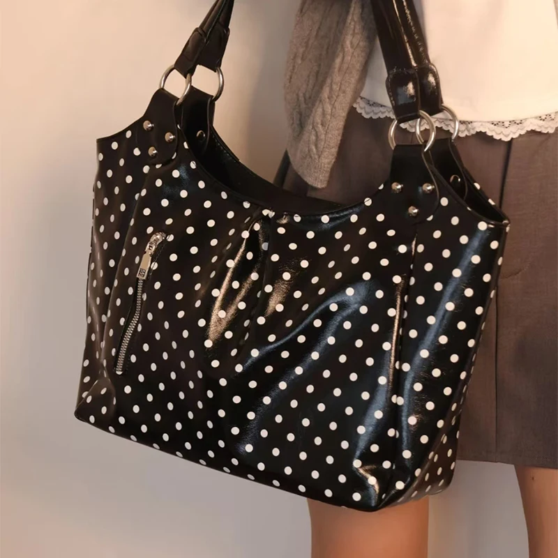 

Polka Dot Tote Bag Black Novelty Playful Shoulder Bag Women Fashion Ins Style Versatile Commuter Work Top Handle Satchel Handbag