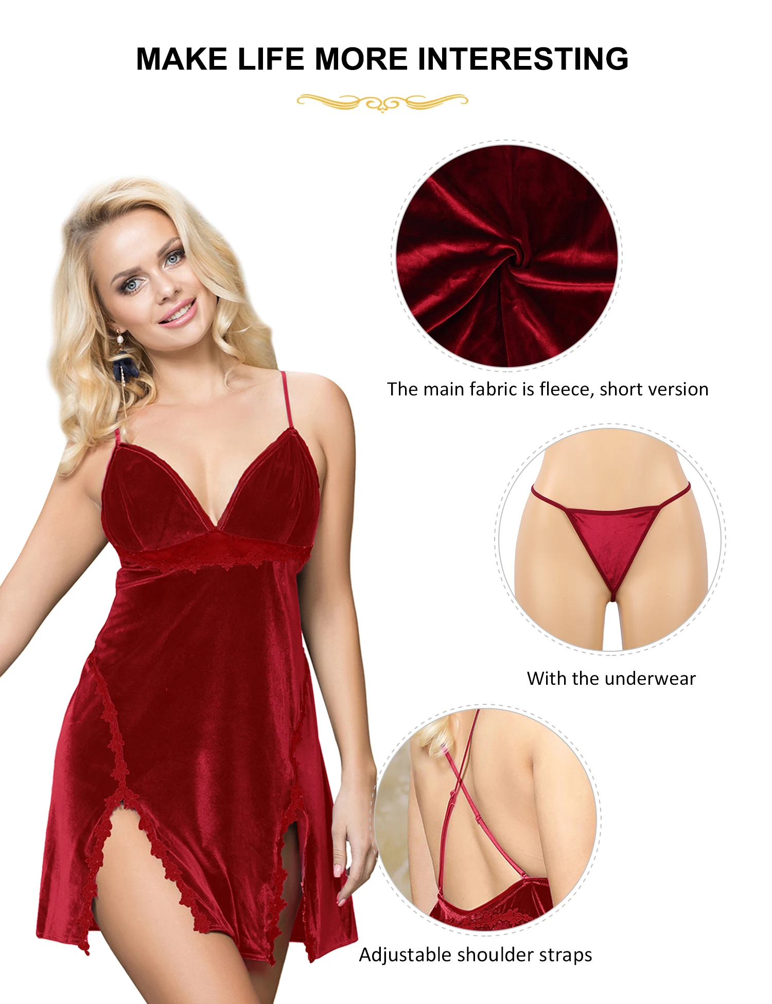 Ohyeahlady Women's Solid Red Velvet Nightgown Elegant Side Slit Embroidery Sleepwear Mini Dress Plus Size Sexy Babydoll Lingerie