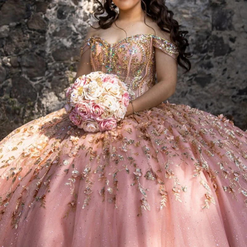

Customized Shiny Pink Quinceanera Dresses Off the Shoulder sequin golden applique Long tail flower Tull Vestido 15 Quinceanera