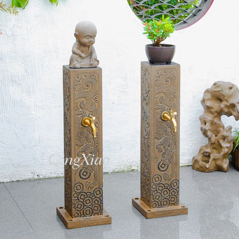 Outdoor Freestanding Water Pillar Decorative Carved Sturdy Garden Water Tap for Backyard Patio Homestay Landscape