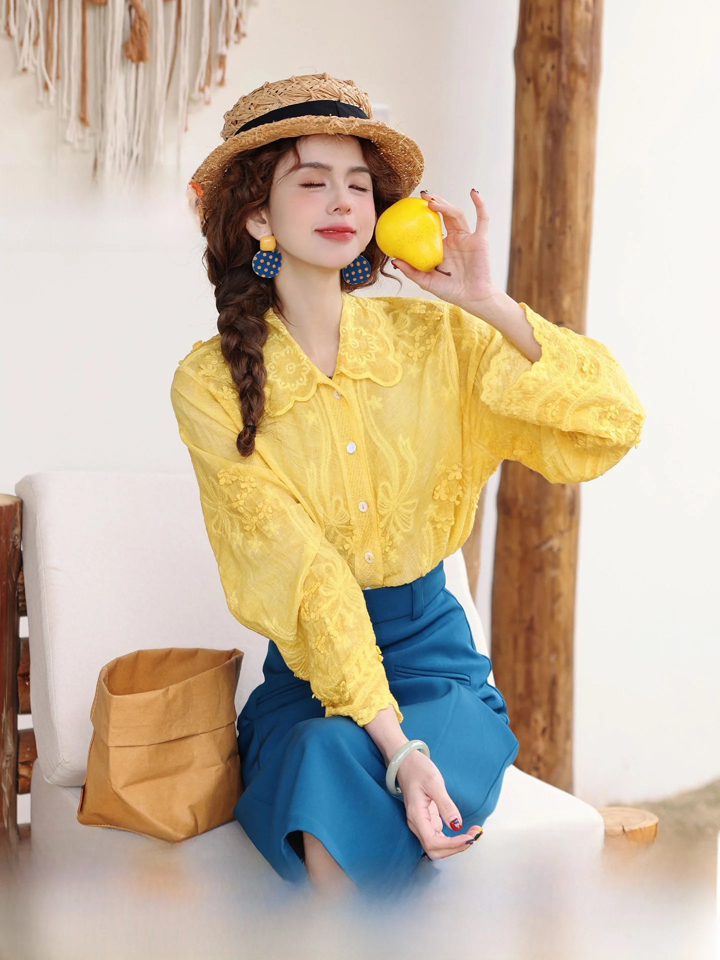 

Женская хлопковая блузка с длинными рукавами и вышивкой «Цветы в горном тумане» от Chen Jiajie, винтажный стиль, рукава-фонарики