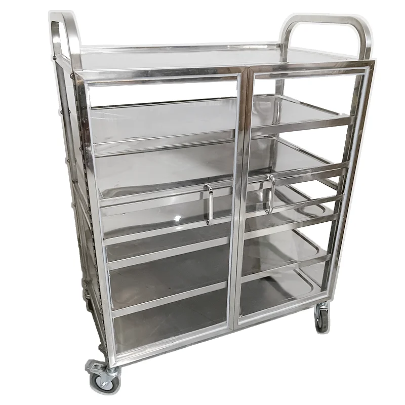 Enclosed stainless steel multi-layer trolley hotel food delivery cart fully transparent locker with wheels