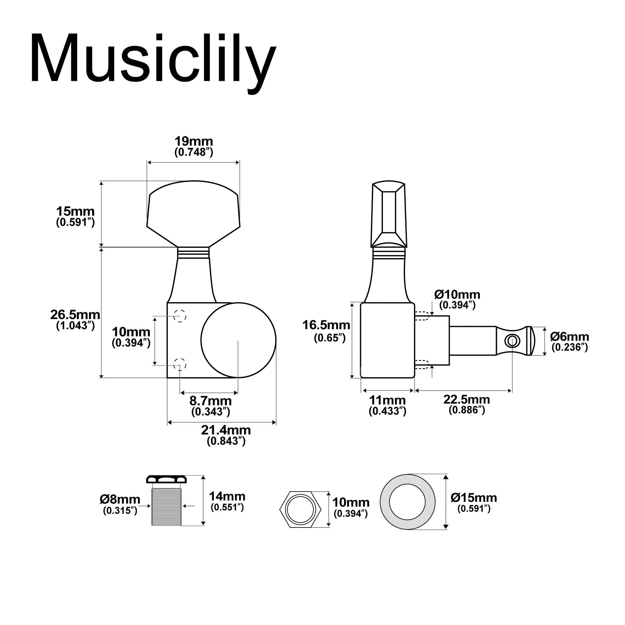 Musiclily Pro R18T 6-in-line 18:1 Ratio 2-Pin Full Sealed Machine Heads Tuners Tuning Pegs Keys for Squier ST Tele Style Guitar