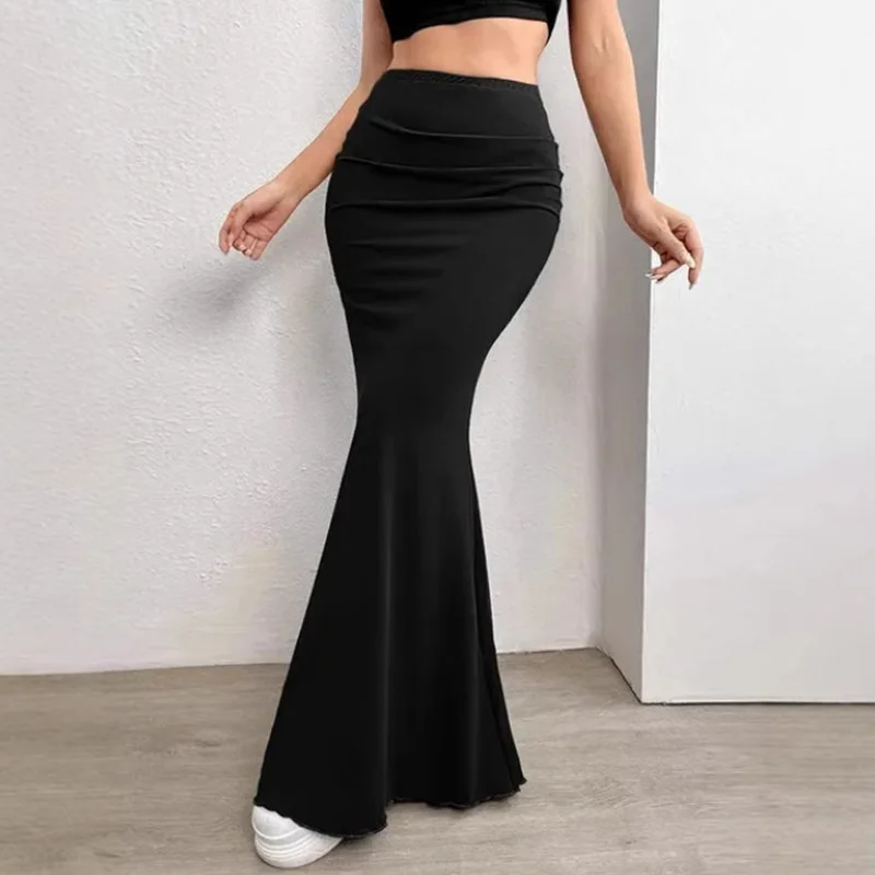 Solid Bodycon Ruches Lange Rok Vrouwen Sexy Zwarte Elastische Elegante Hoge Taille Zeemeermin Maxi Rokken Zomer Streetwear