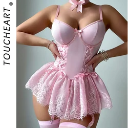 Toucheart Lace Fancy Patchwork Garters Sexy Lingerie Girly Pink Corset Dress Stocking Matching Cute Sexy Uniform Lingerie New