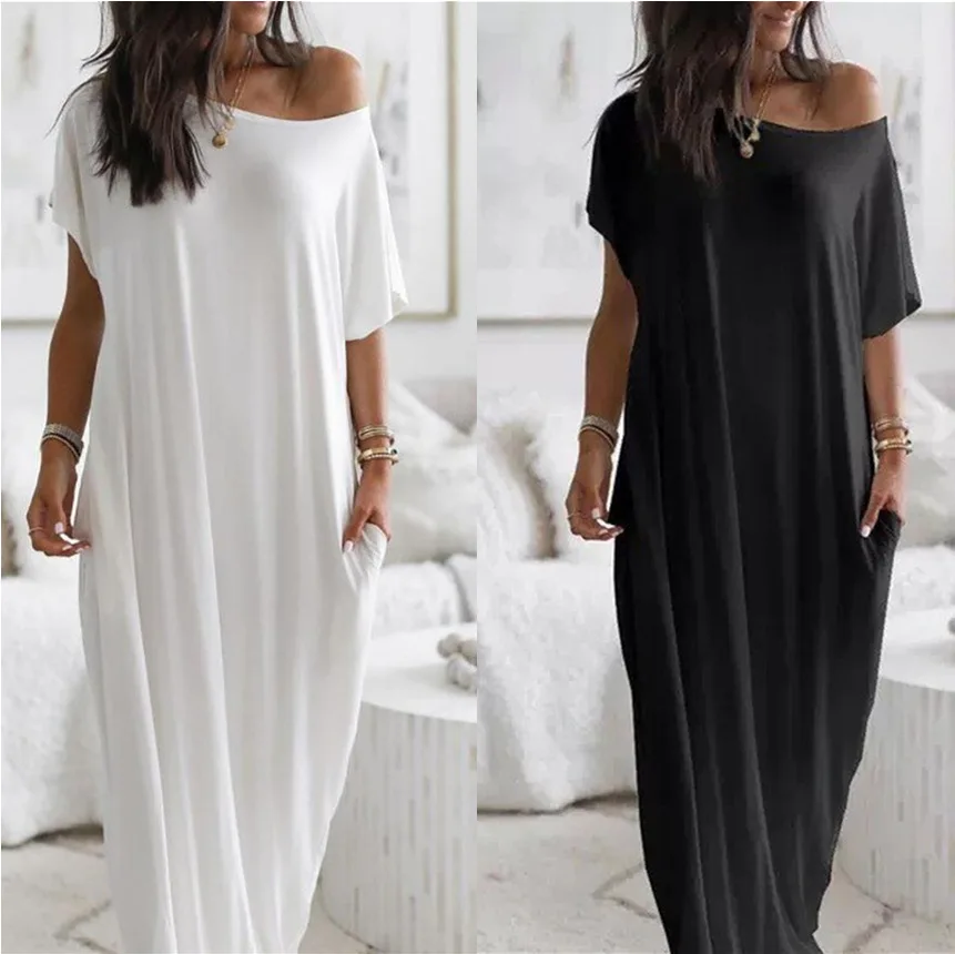 

2020 European and American Summer New Women's Solid Color Short Sleeve Long Casual Dress