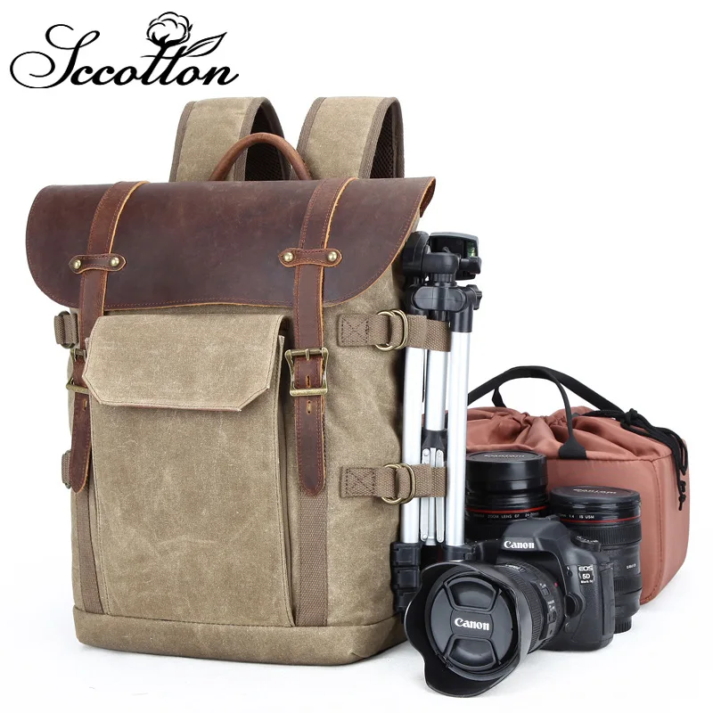 Vintage Canvas Camera Backpack Waterproof Leather Dslr Slr Camera Bag Travel Photography Rucksack For Photographers