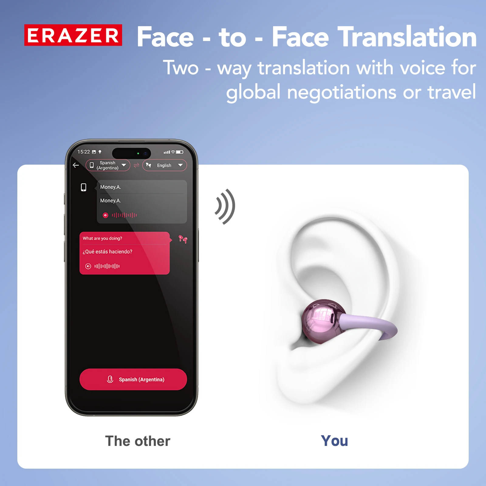 ERAZER Bluetooth Headphones AI Translation Earbuds Wireless Sport Ear Clip Earphones Low Latency HiFi Stereo Sound MP3 XF36
