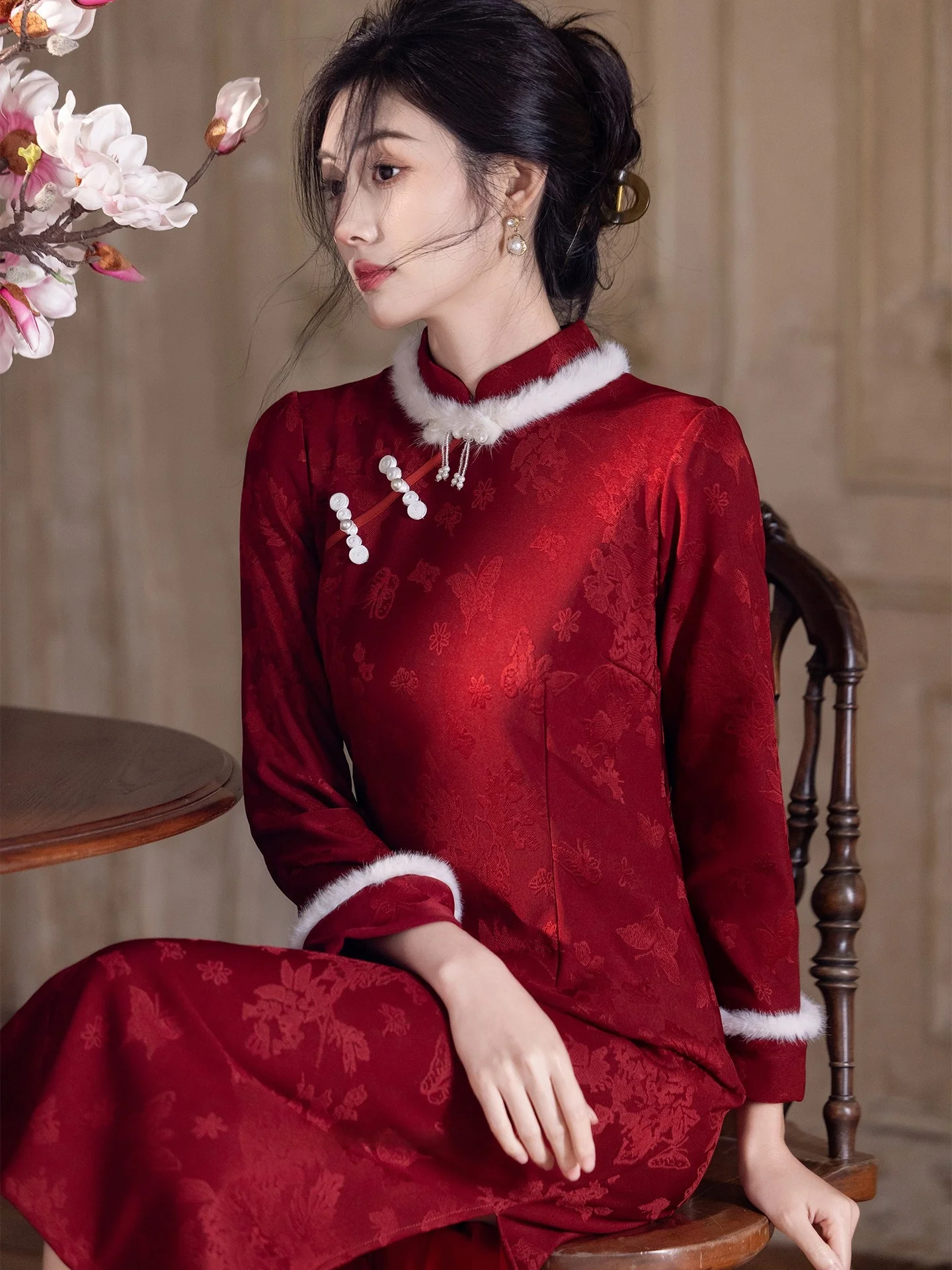 New Chinese Sle Long  Fro Coat Wine Red Winter Wedding Engagement Ceremony High Warmth Fce Lined Girls