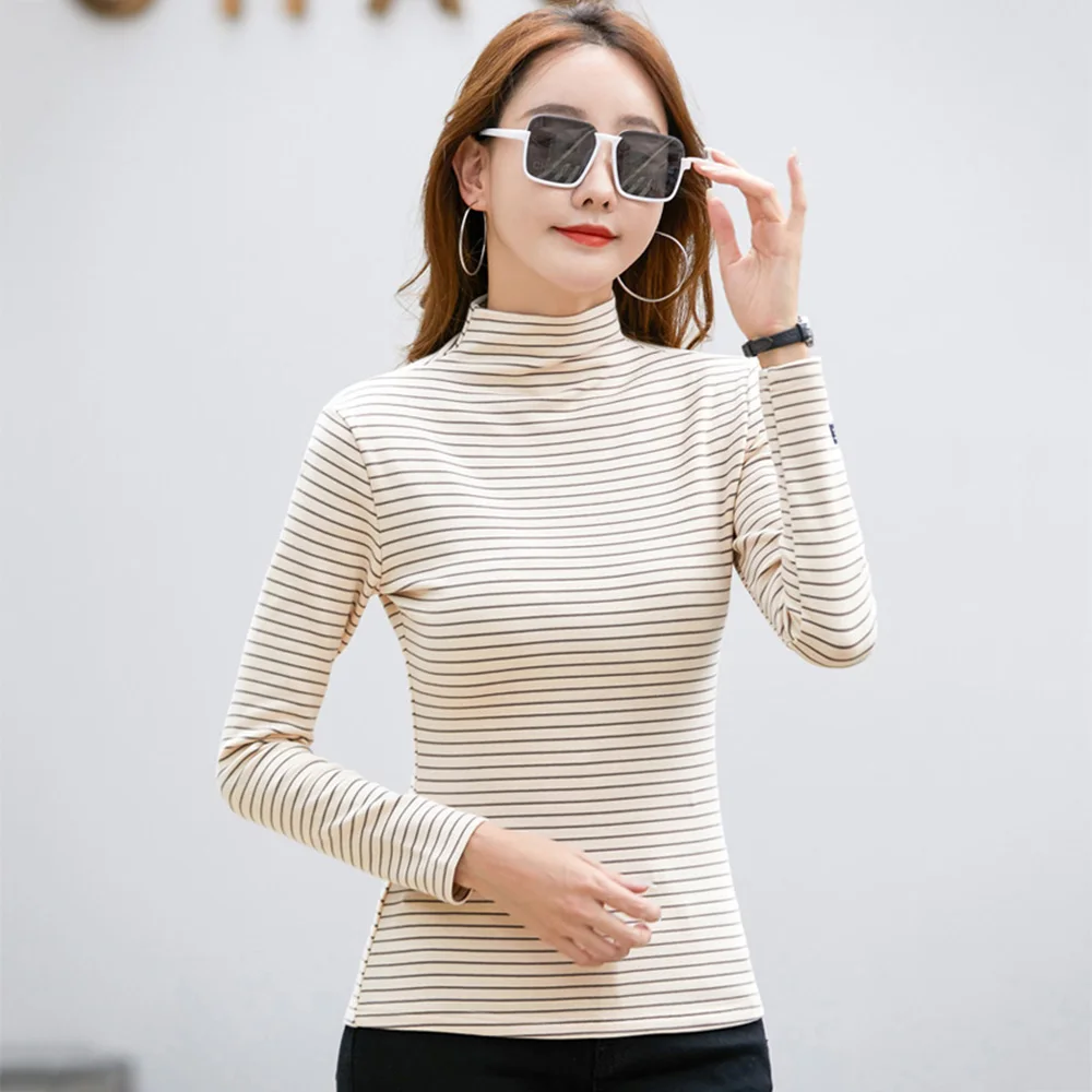 

New Women Thick Bottoming T-shirt Autumn Winter Fashion Turtleneck Long Sleeve Slim Waist Striped T-shirt Casual Warm T-shirt
