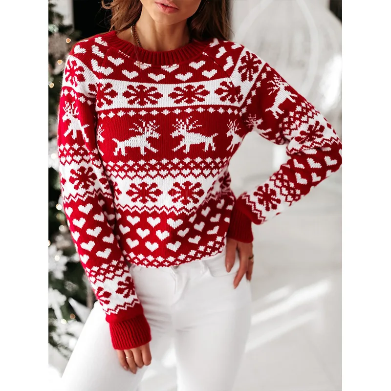 

Women's Knitted Pullover Sweater Top Autumn Winter Christmas Printed Sweater Women's Casual Long Sleeve Round Neck Sweater