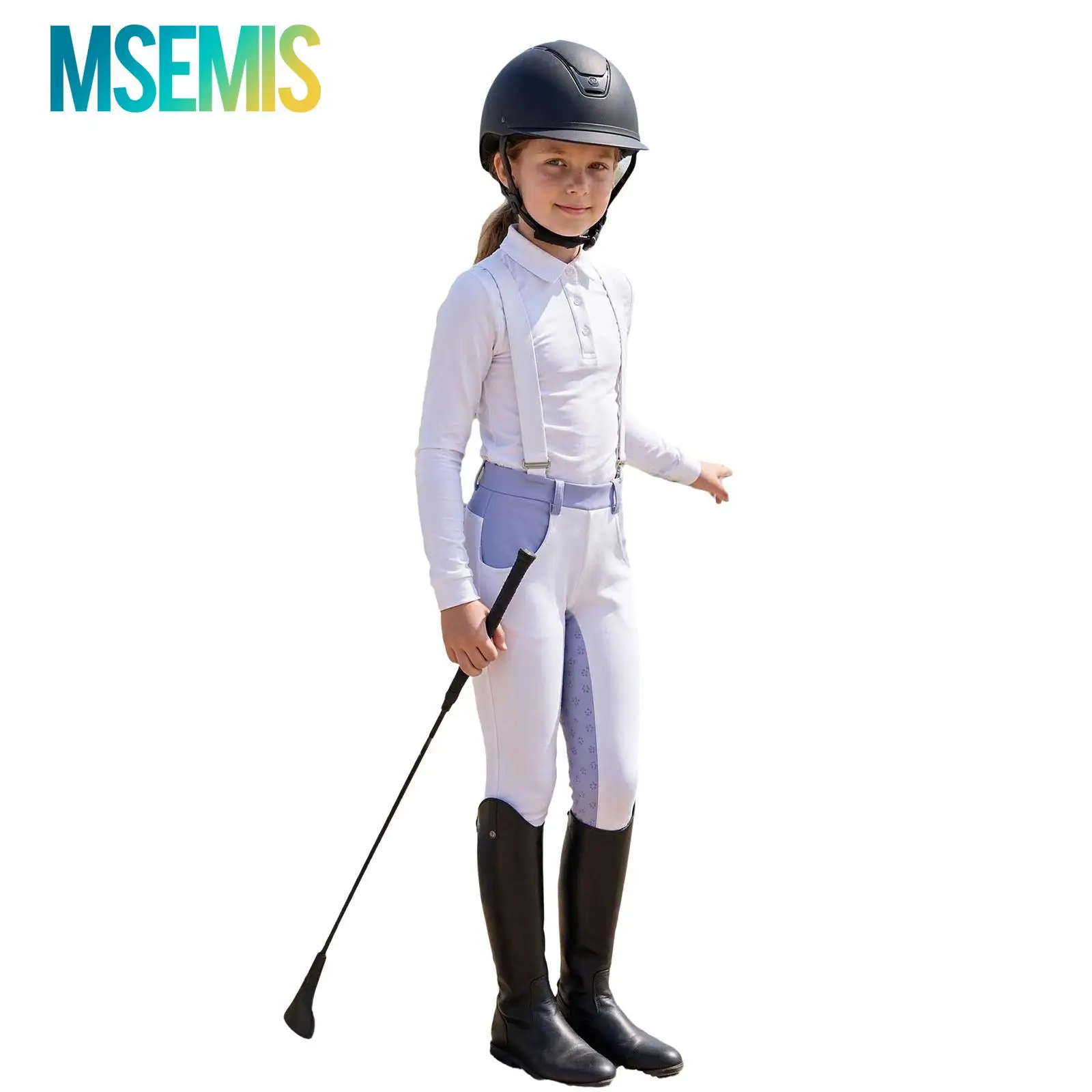 Kids Girls Horse Riding Equestrian Breeches Pants Elastic Waistband Sports Tights Leggings with Pockets And Shoulder Straps