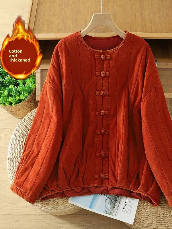 

Thi Corduroy Cotton Jaet for Women Retro Chinese Button Sle Long Sve Stand Collar Pure Cotton Winter Coat