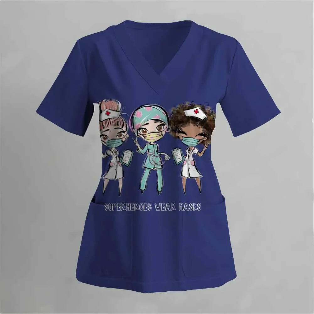 ملابس عمل للعناية بالحيوانات الأليفة مطبوعة برسوم كارتونية، بلوزة نسائية بأكمام قصيرة ورقبة على شكل حرف V، قميص جراحي للسيدات، تي شيرت طبي للممرضة