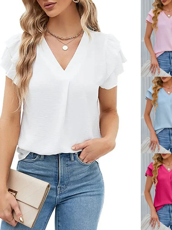 

Шифоновый топ с рюшами ort Sve Top V-Ne Lace Trim Street Sle Summer Faion Женская блузка обычной длины ort Dres