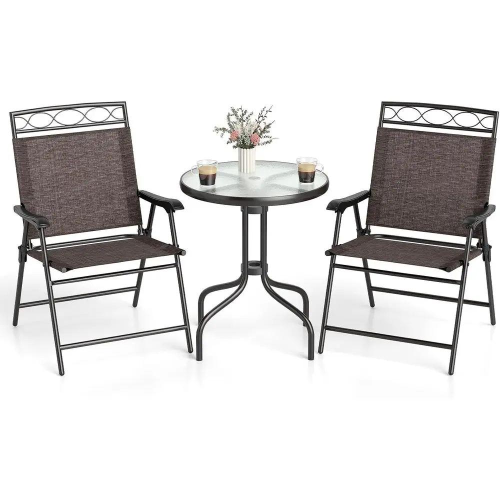 

Комплект для патио из 3 предметов: стол со стеклянной столешницей (с отверстием для зонта 1,57 м) и 2 складных стула для небольших пространств