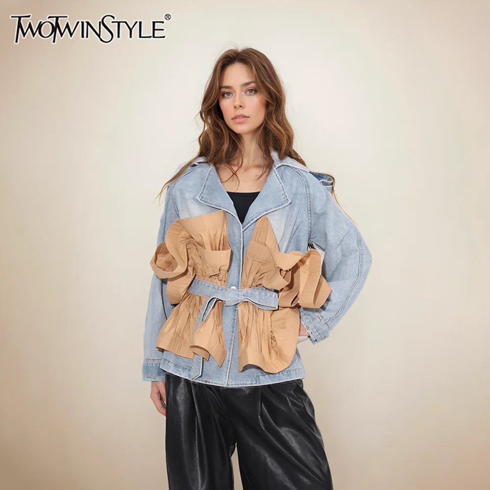 

TWOTWINSTYLE Patchwork Ruffles Coats For Women Lapel Long Sleeve Colorblock Designer Casual Loose Jacket Female Fashion Style