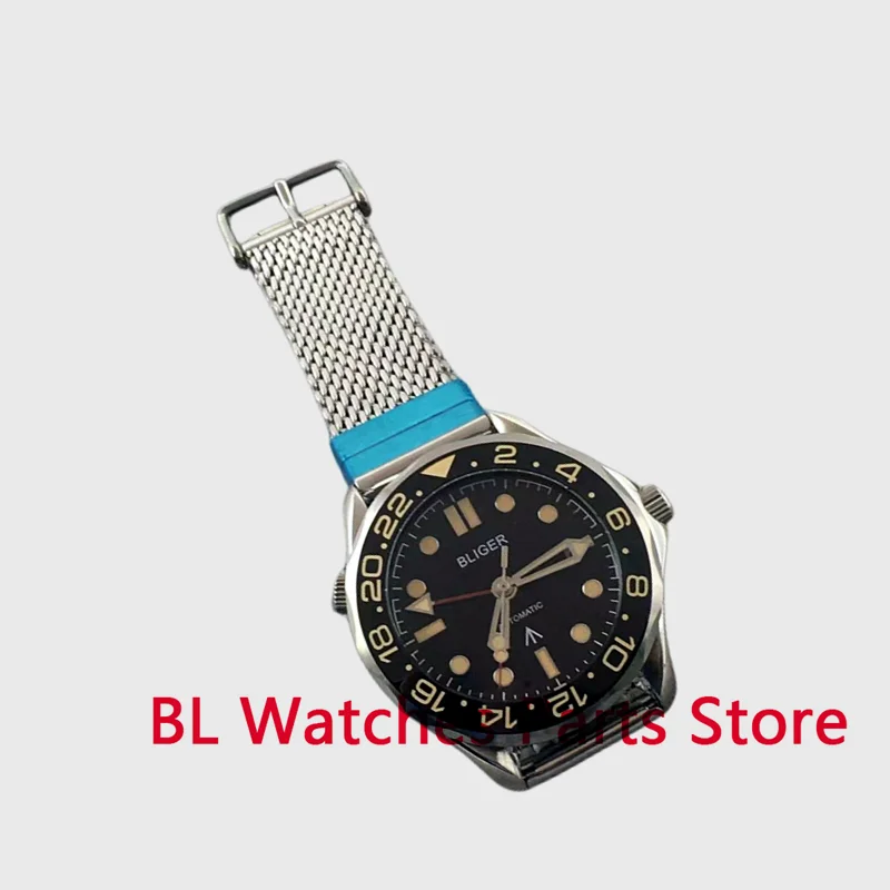 BLIGER 41mm New Mechanical Men Watch Sapphire Glass Japan GMT Movement Mesh Band Rotating Bezel Waterproof Luminous 3oclockDate