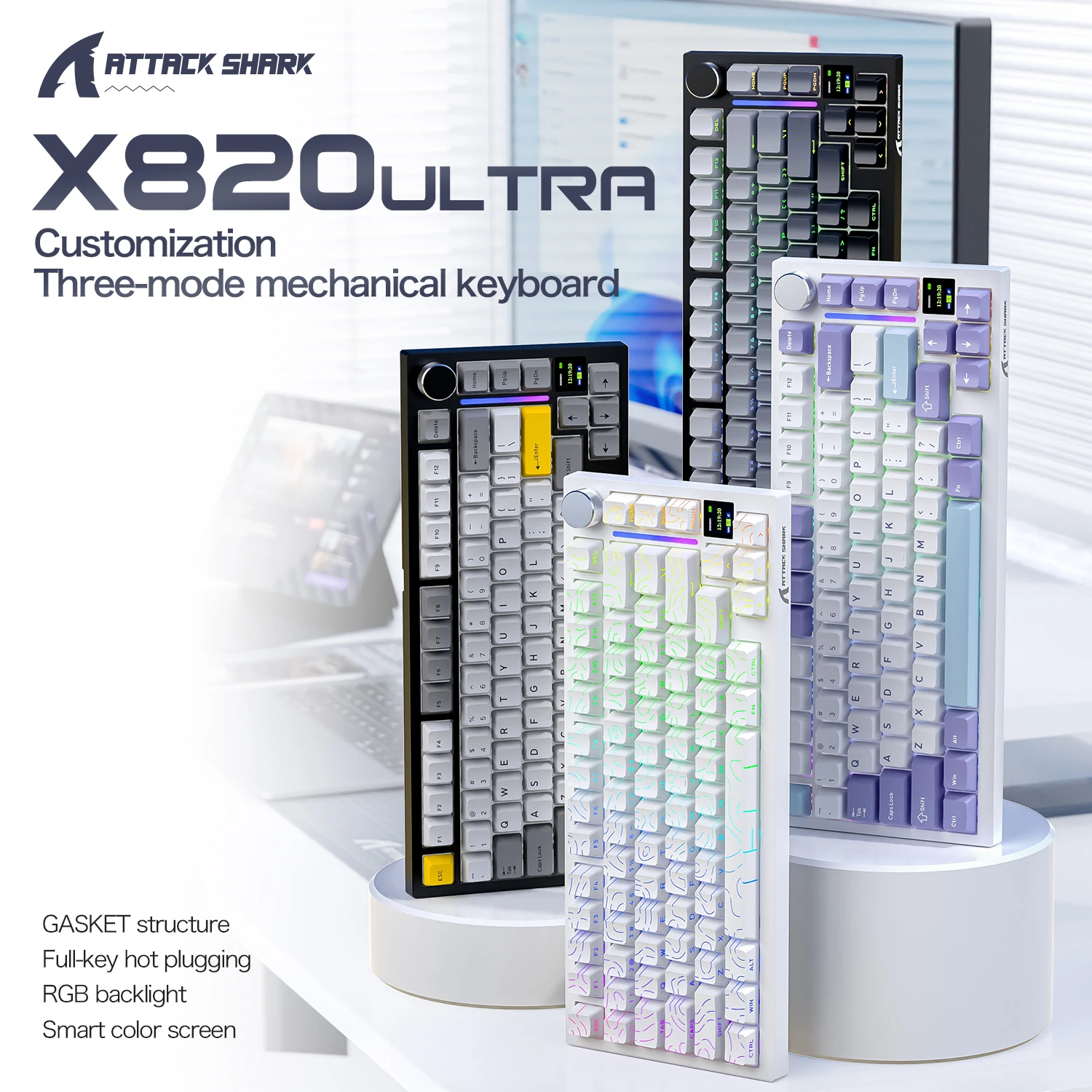 

Механическая клавиатура ATTACK SHARK X820 ULTRA 75% Tri Mode с креплением Gasket Mount, PCB 1.2 мм, цветной экран, аккумулятор 4000 мАч, с возможностью горячей замены переключателей