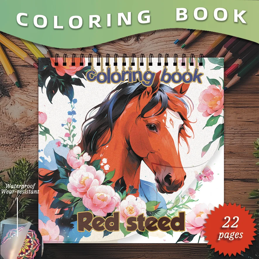 Red Steed with Flowers Coloring Book - 8.27×8.27 Inches, 22 Pages. Perfect for Horse Enthusiasts' Relaxation, Stress - Relieving