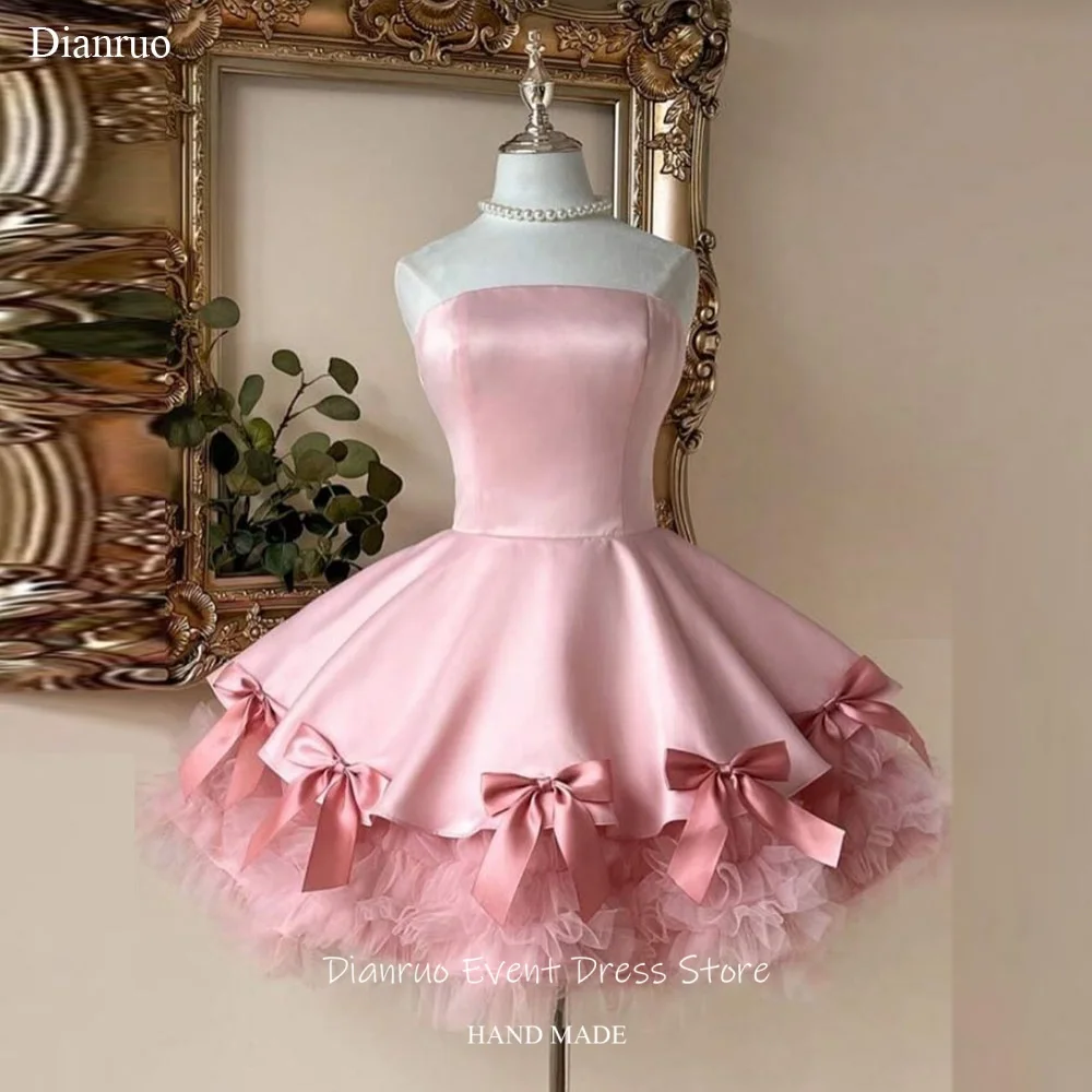 

Dianruo Puffy Tulle Pleated Pink Satin Prom Dress Above Knee Homecoming Dresses A Line Bows Vestido De Fiesta Corto Customized