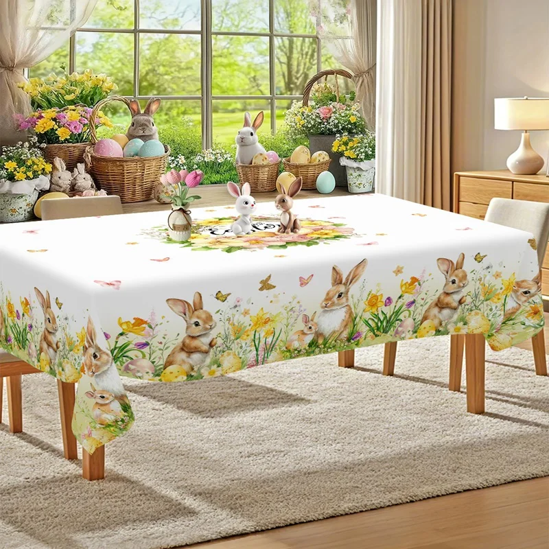 Mantel Floral de Primavera para Pascua, Mantel con Conejitos y Huevos, Mantel Rústico de Jardín para Decoración de Pascua