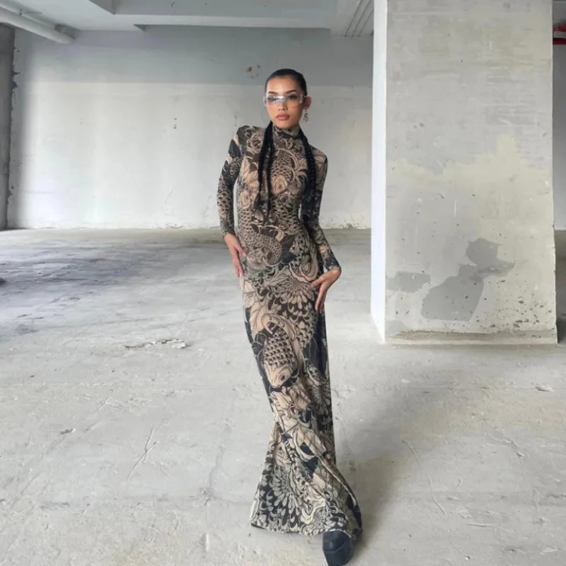 Downtown Gotico Y2K Abito Sheer Web Contorno Aderente Harajuku Stampa Dolcevita Abito Sensuale Avant Garde Party Abiti