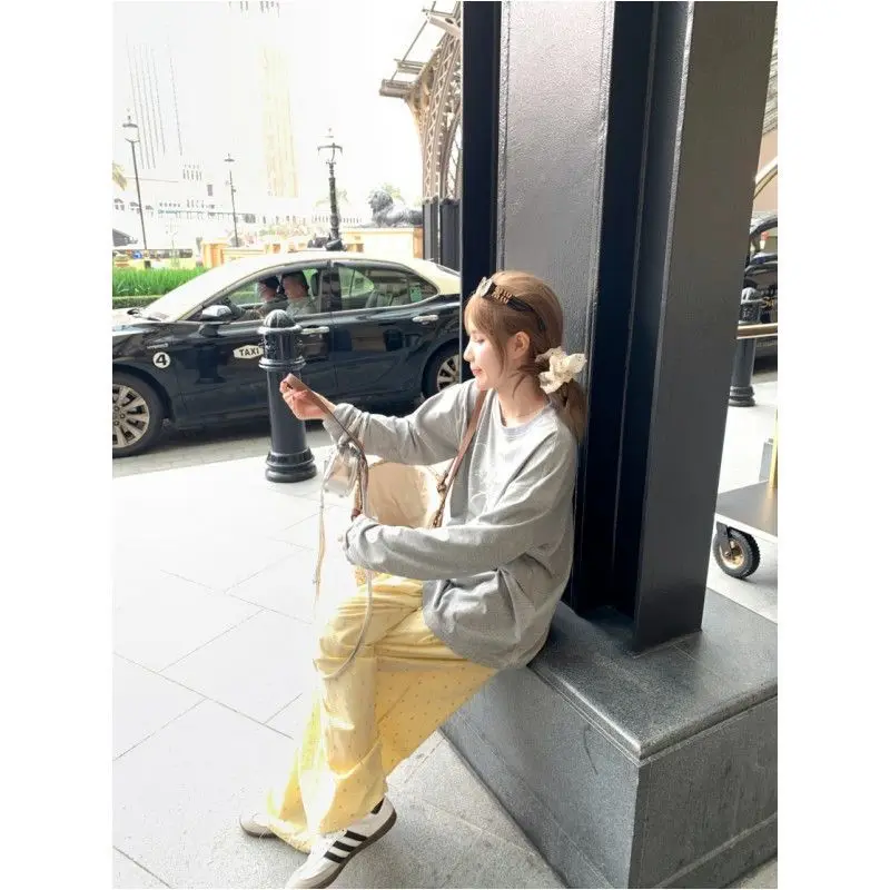 Calças de perna larga vintage das mulheres primavera modal malha cordão leitoso pêssego personalizado concurso agrupado bandagem estética retro