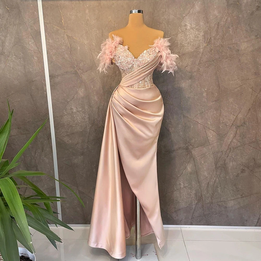 Roze Satijnen Veer Avondjurk Luxe Dames Party Mouwloze Kralen Sexy Prom Dress Mermaid Hoge Split Formele Gelegenheid Jurk