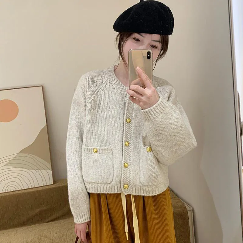 Fashionable gold button sweater cardigan winter new versatile sweet top showing slimming temperament small shirt for women