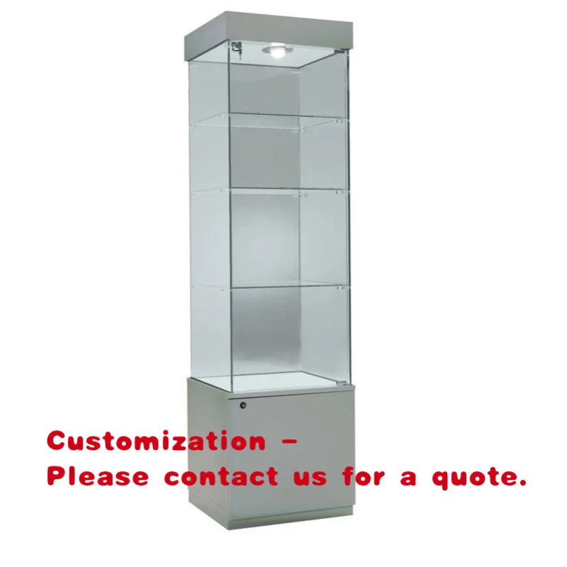 custom.Modern Display Cabinet 53x46x188cm Light Tempered Glass 3 Shelves Hinged Lockable Door Top Halogen Lights Panel