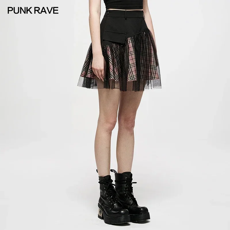 PUNK RAVE Women's Mesh Panel Plaid High Waist Short Skirt College Style Stitched A-line Youth Girl Mini Skirts Spring/Summer