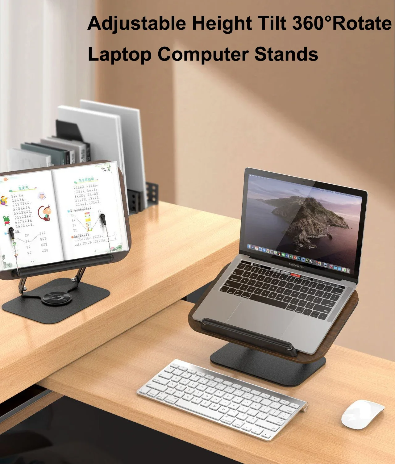 NEW Book Stand for Reading Adjustable Book Holder with 360° Rotating Base Elastic Page Clips Foldable Desktop Riser Stand