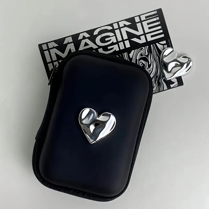 

3D Electroplated Rose Golden Heart Headphone Data Cable Storage Bags Charger Power Bank Rectangular Box Zipper Bag Pocket Pouch