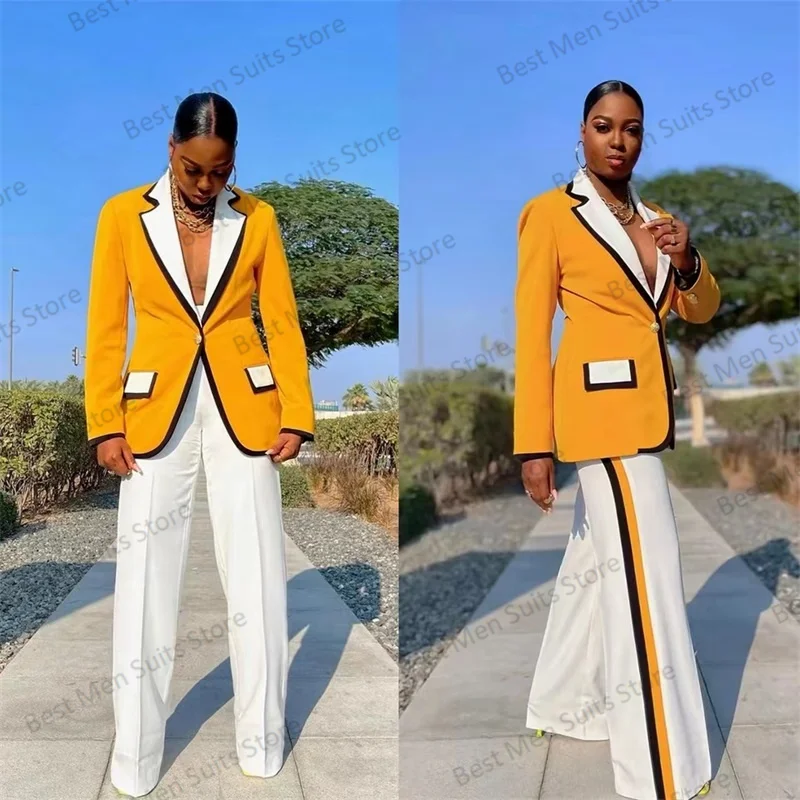 Conjunto de traje de 2 piezas para mujer, Blazer amarillo y pantalón, traje Formal de oficina, vestido de graduación, Chaqueta de algodón, abrigo, pantalones hechos a medida