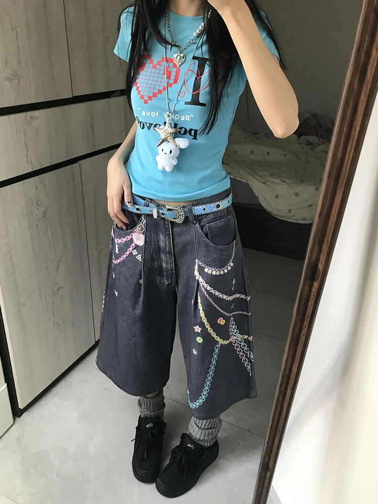 تي شيرت نسائي بأكمام قصيرة وطباعة قلوب على الطراز الأمريكي، تصميم صيفي جديد نحيف وجذاب بطول الكتف وياقة مستديرة يمنح شعورًا ب...