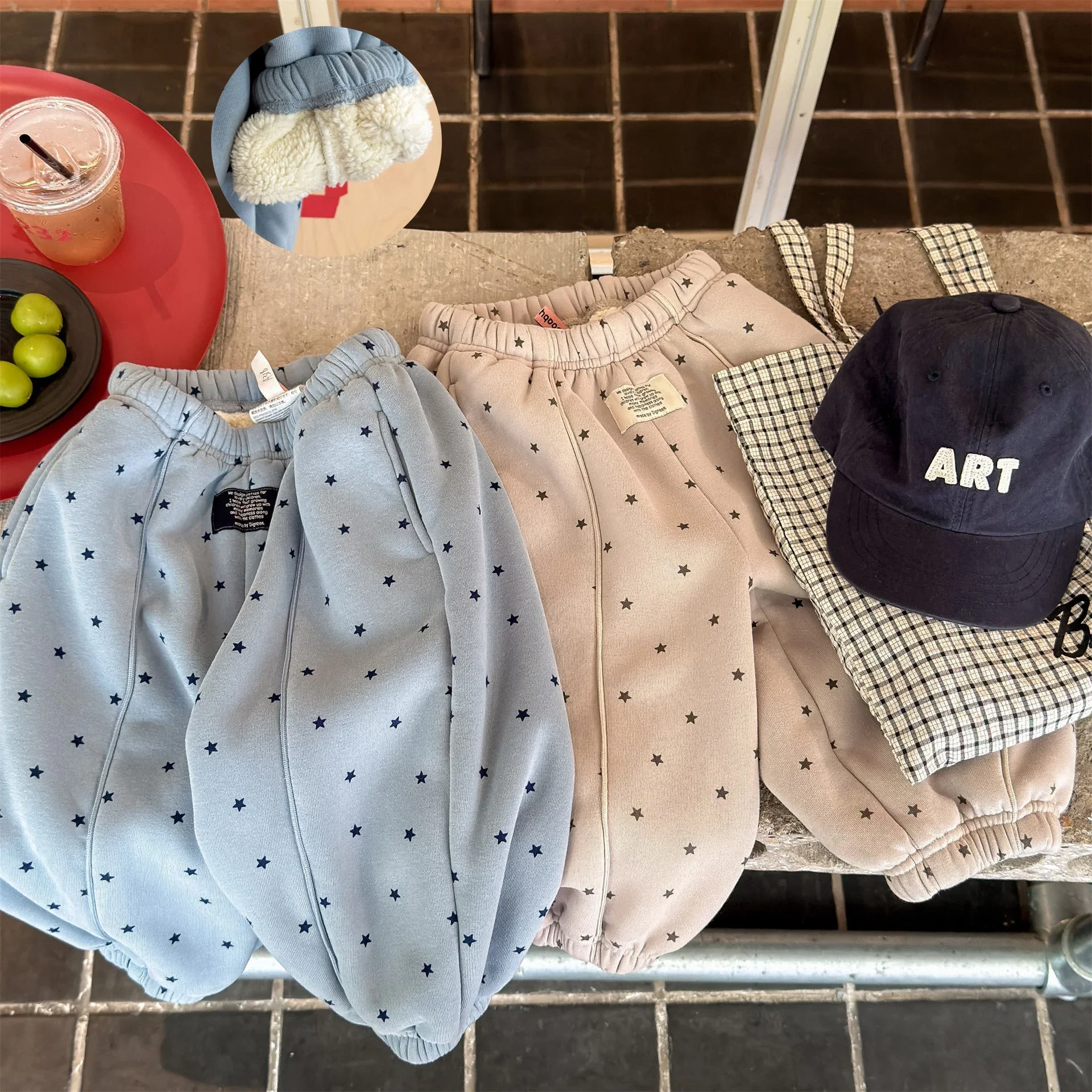 

2025 New Kids Cotton Fleece Lined Pants 1-6Y Boys Girls Warm Loose Casual Star Print Trousers Winter Soft Elastic Waist Bottoms