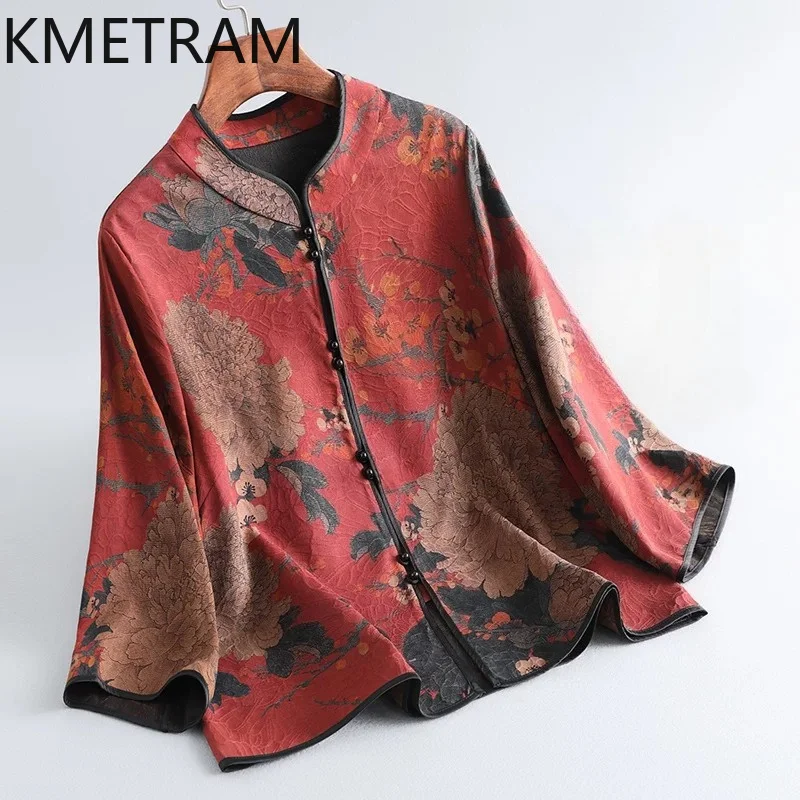 KMETRAM 100% Real Mulberry Silk Top Women 2026 Summer High-end Floral Three Quarter Sleeve Tops Elderly Woman Clothes Ropa Mujer