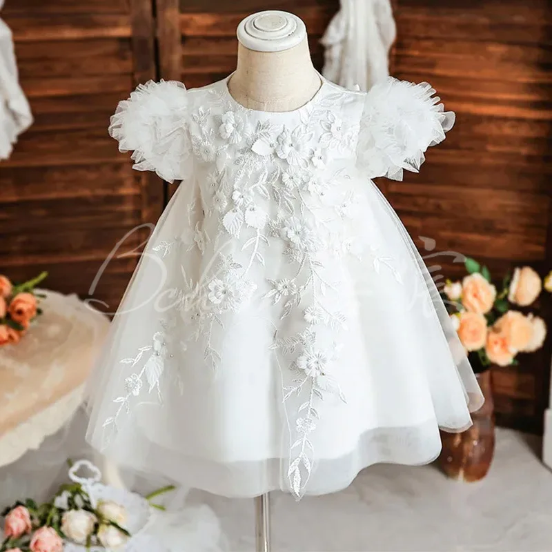 Classy Toddler 1st Birthday Dress - White Lace Puffy Tulle Flower Girl Wedding Princess Gown Flower Girl Dresses for Weddings