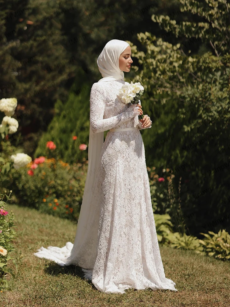 Muslim Lace Weddings Dresses with High Neck Long Sleeves Mermaid Hijab Brides Dress Elegant Islam Garden Bridal Gown Customized
