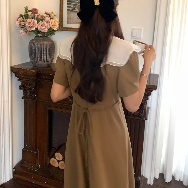 Vestido longo vintage embrulhado feminino, vestido de verão feminino, dupla camada, colarinho com babados, laço, cintura fina, verão, novo, 2024