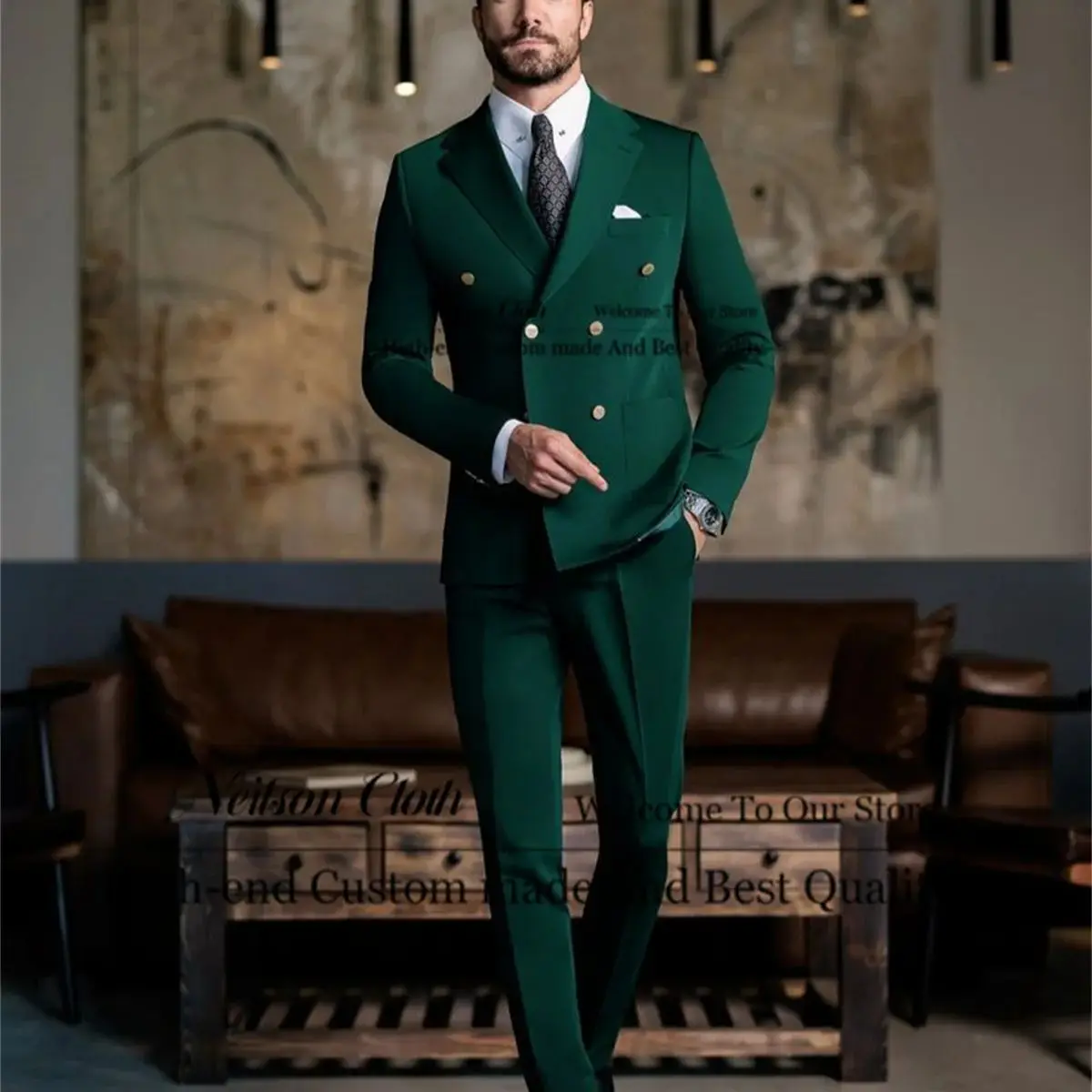 

Green Notched Lapel Male Prom Blazers 2 Pieces Sets Double Breasted Groom Wedding Tuxedos Business Customized Costume Homme