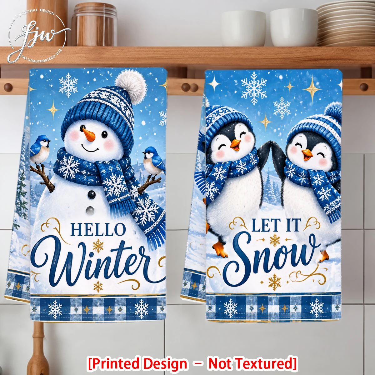 2pc Christmas Winter Kitchen Towels Set, Cute Snowman Penguin Nutcracker Xmas Dish Towels for Home Decor