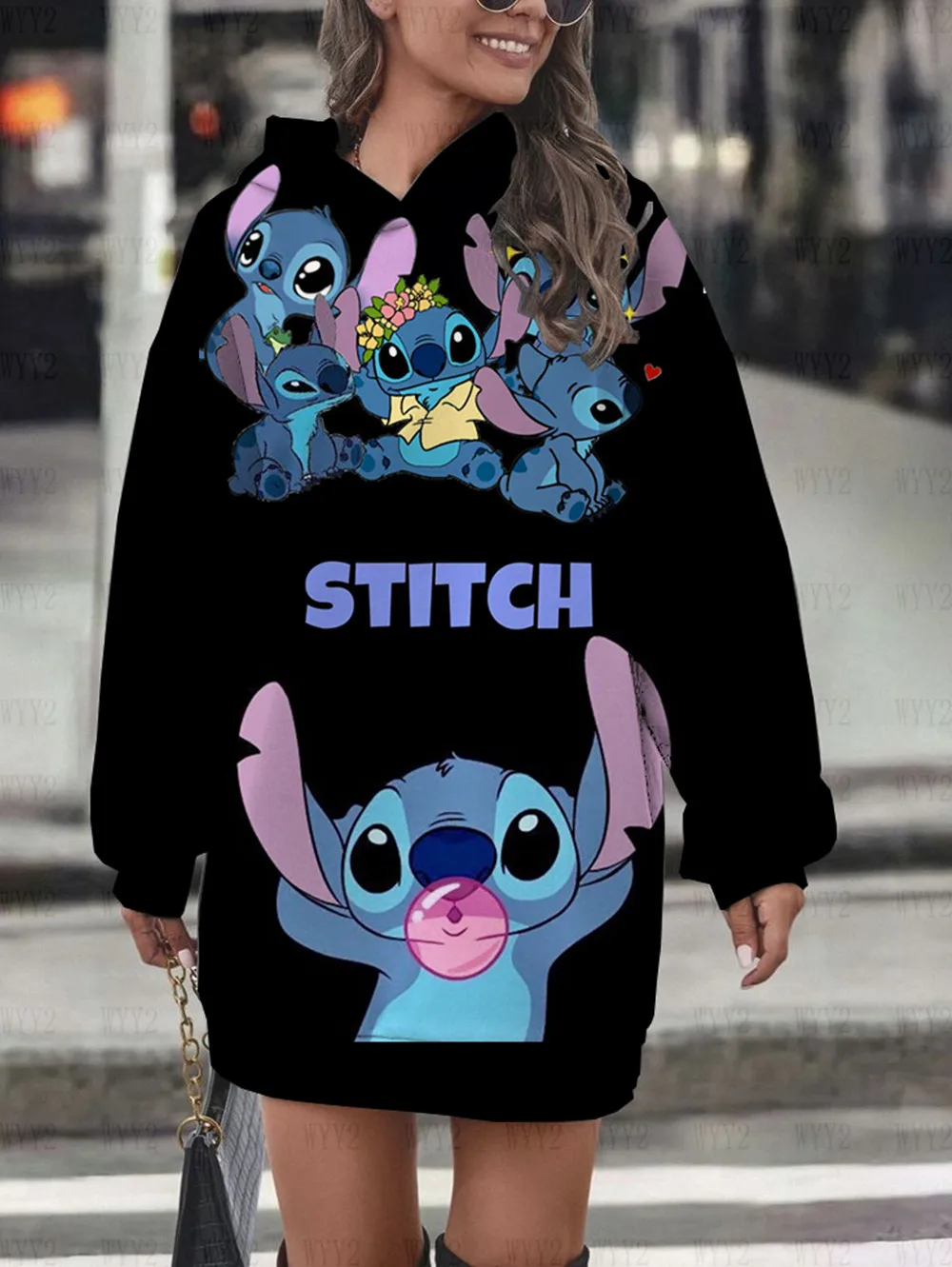 Autumn Winter Disney Stitch Printed Women\'s Loose Comfortable Hoodie Dress New Long Sleeve Casual Fashion Sweater Dress