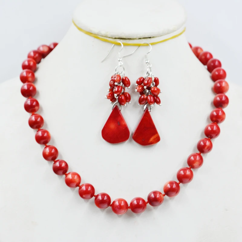 

Unique.11MM Natural Red Coral Necklace/Earring set