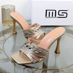 High heeles 2024 new hollow stiletto stiletto outdoor plus size pantofole da donna tacchi a spillo strass scarpe da giovane